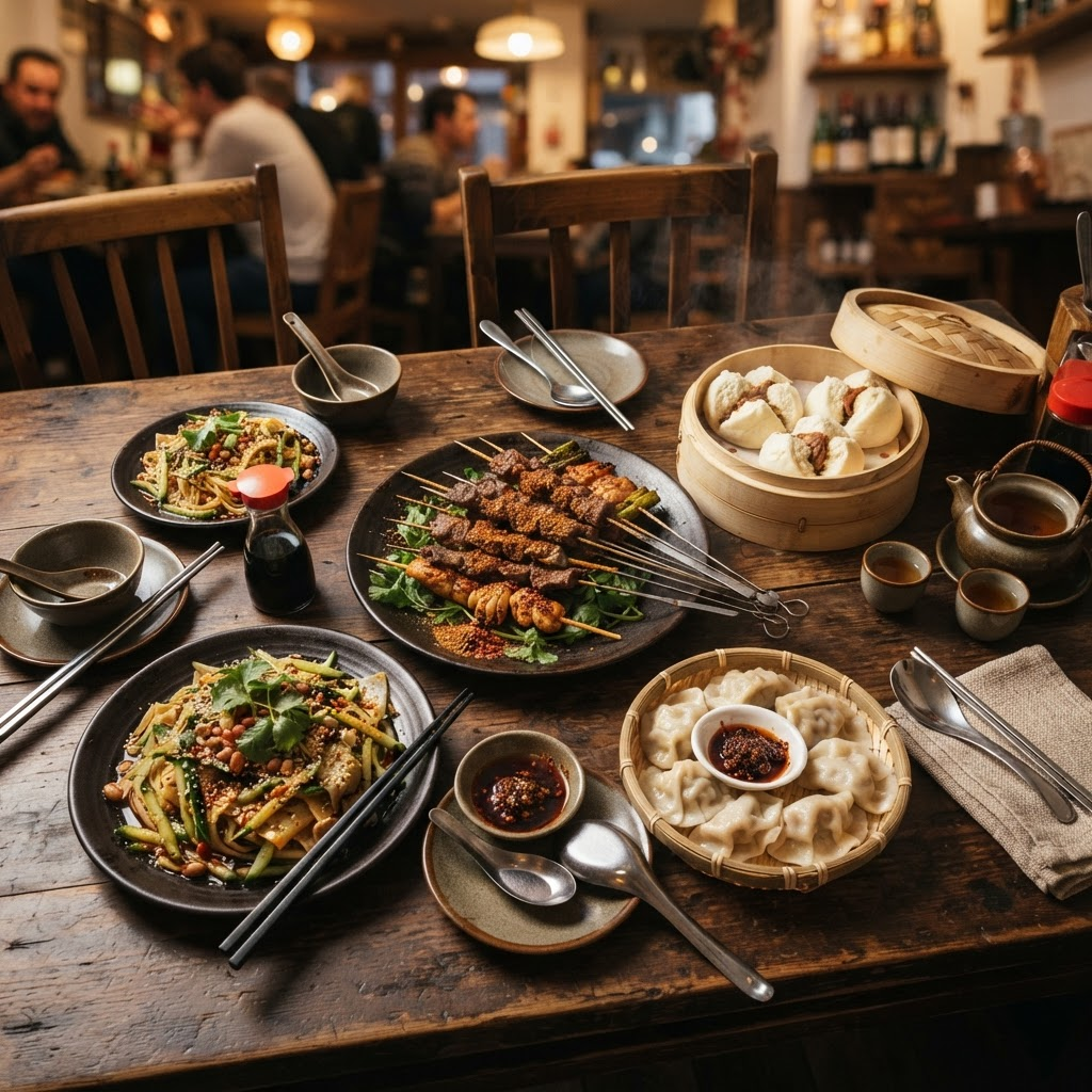 A spread of Chinese BBQ skewers, steamed buns, dumplings and cold noodle salad