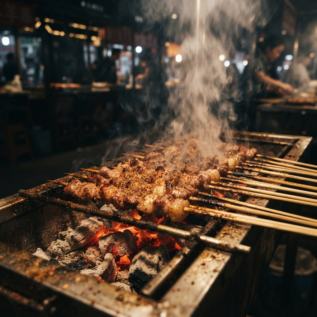 Chinese BBQ skewers grilling over glowing charcoal